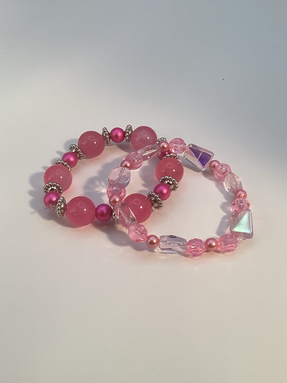 Pink Beaded Stretch Bracelets - Double Set